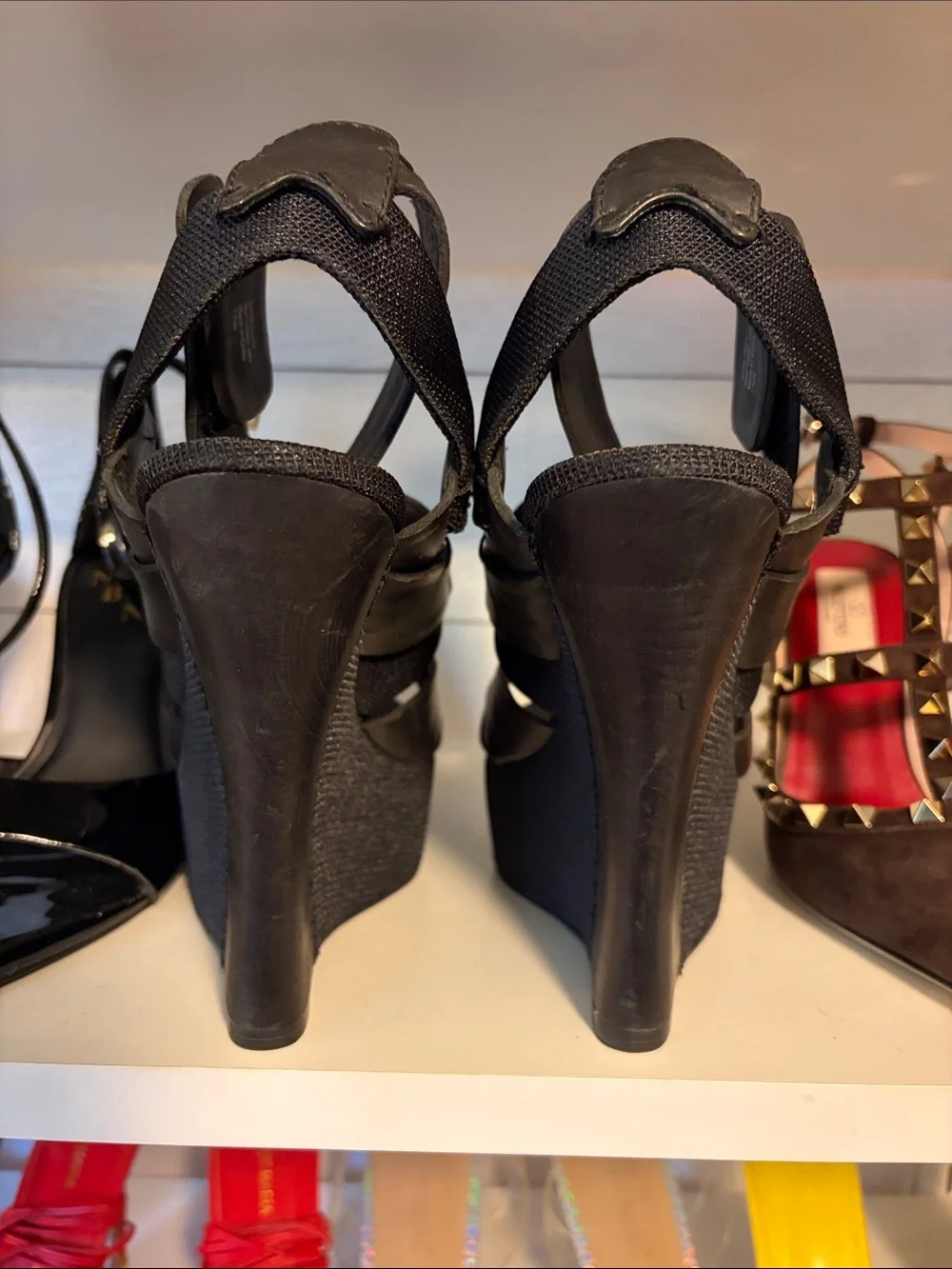 L.A.M.B. Black Leather Ankle-Strap Platform Wedges